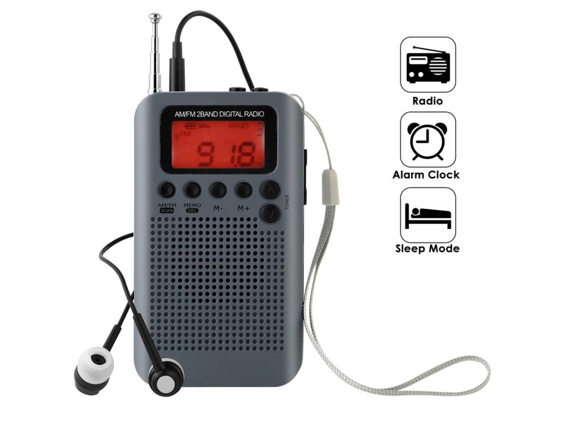 Radio portátil AM FM de dos bandas con reloj despertador y temporizador de  sueño estéreo de sintonización digital con conector para auriculares de 3,5  mm gris