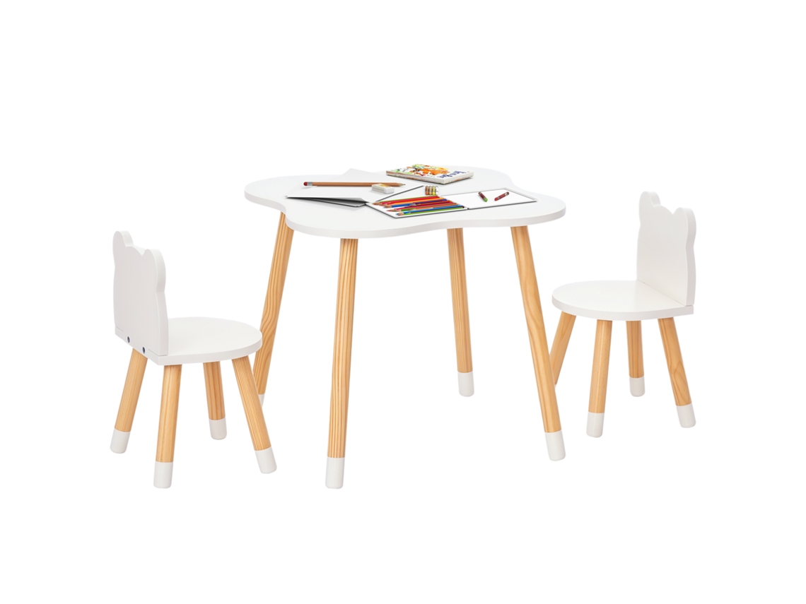 Conjunto de mesa e cadeiras infantis de madeira, tons naturais e brancos | S/MARCA