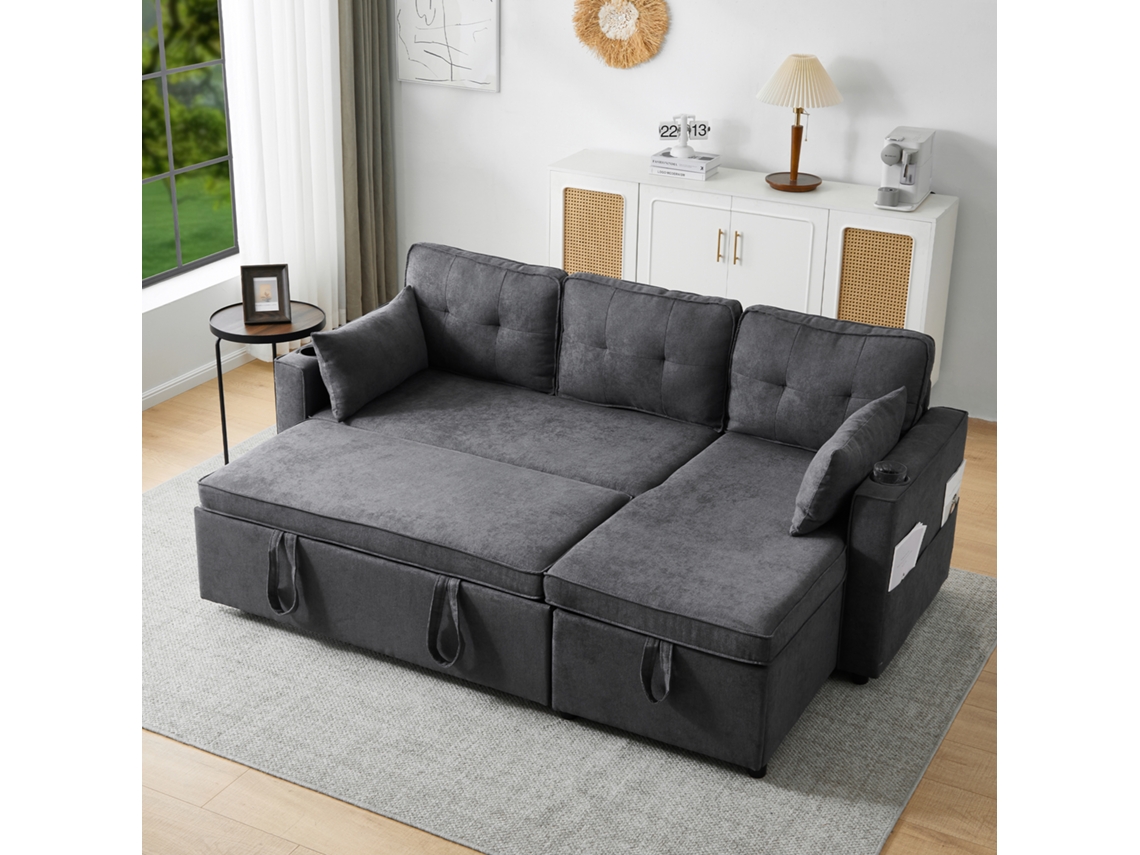 Sofá Cama Angular En L De 3 Plazas Reversible, Con Almacenaje, Portavasos, Bolsillos Laterales, 2 Cojines, Color Gris.