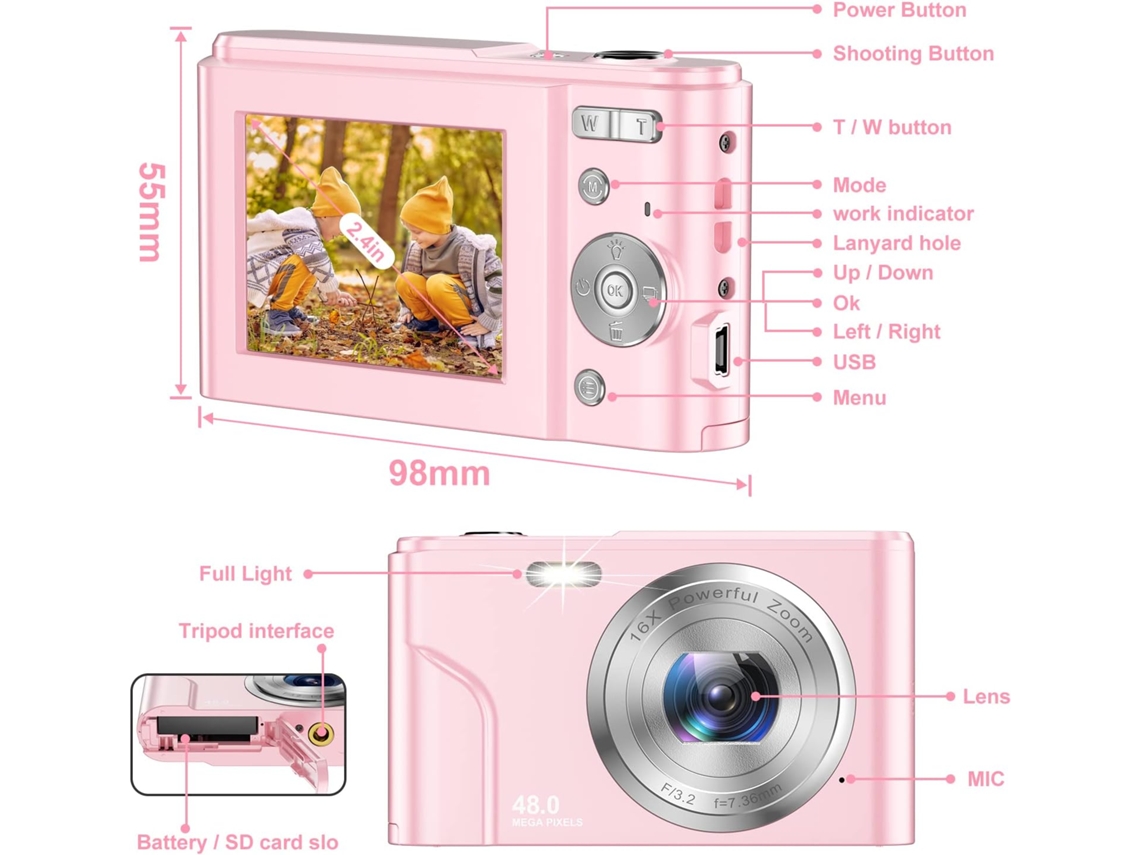Cámara digital compacta portátil Resolución 48mp Hd Pantalla 24 pulgadas Rosa Cuich