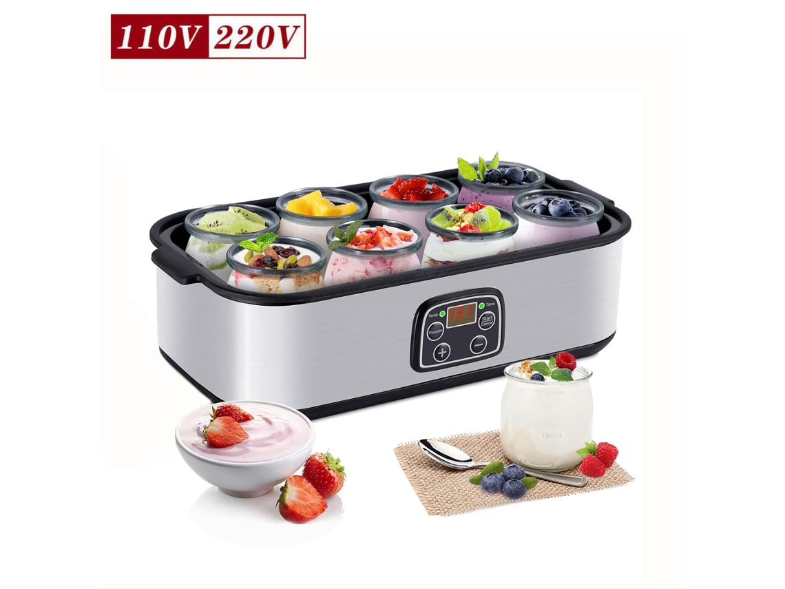 Yogurtera con temporizador digital y control de temperatura, con 8 vasos dosificadores.