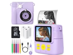 Cámara de impresión instantánea para niños, videocámara digital HD para niños pequeños con tarjeta SD de 32 GB, color morado y plateado