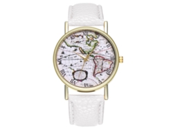 Reloj De Pulsera De Cuarzo Para Mujer Con Correa De Cuero Blanca Con Estampado De Mapa.