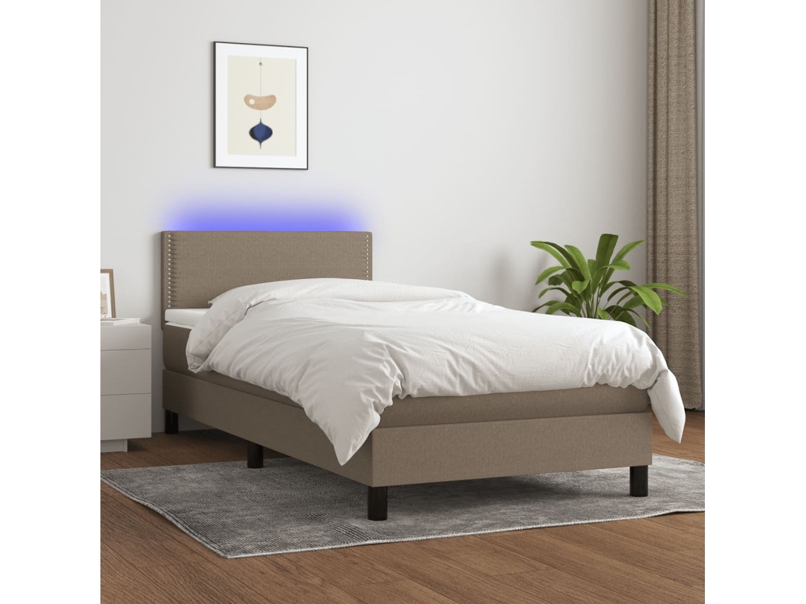 Cama Box Spring Colchón Y Luces Led Tela Gris Taupe 90x190 Cm