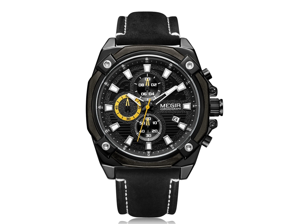 Reloj Hombre Megir De Moda Impermeable Correa De Cuero Analógico De Cuarzo Negro