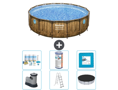 Piscina BESTWAY Round Power Steel Swim Vista - Impresión en madera - 488 x 122 - Incluye bomba - Escalera - Cubierta Accesorios CB30