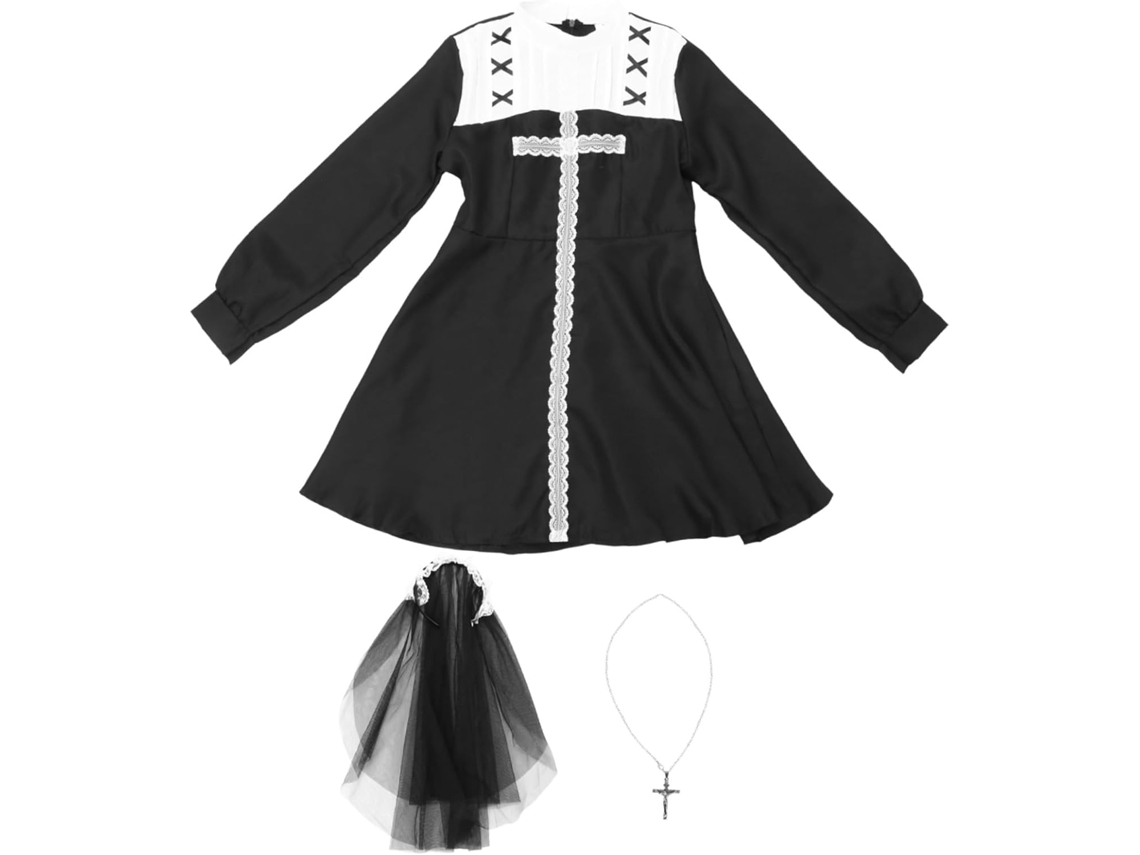 Fantasia assustadora de Freira para o Halloween: Vestido com roupa e roupa com Cruz Preta (tamanho XL)