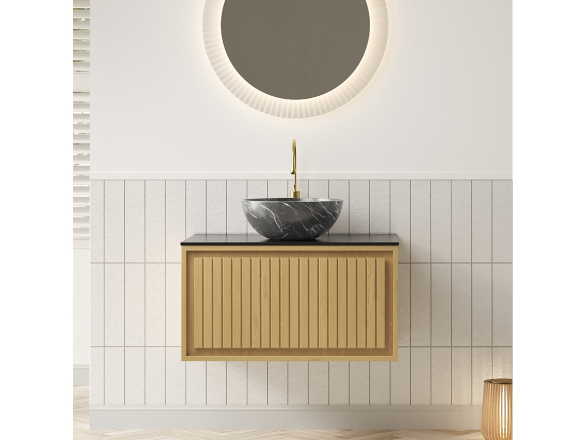 Mueble De Lavabo Kolas 61 Cm Con Lavabo Negro, Cajón Y Acabado Roble Corolla
