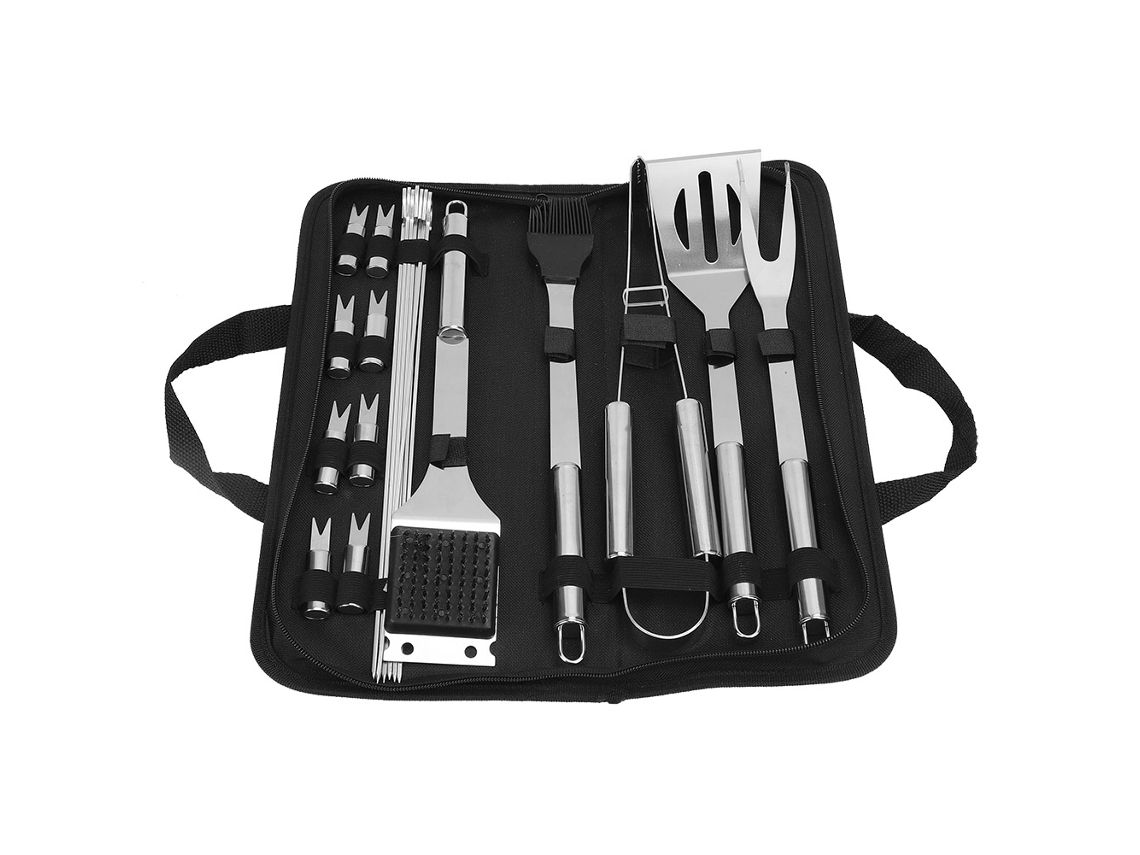 Juego de 21 utensilios de acero inoxidable para barbacoa con bolsa de almacenamiento.