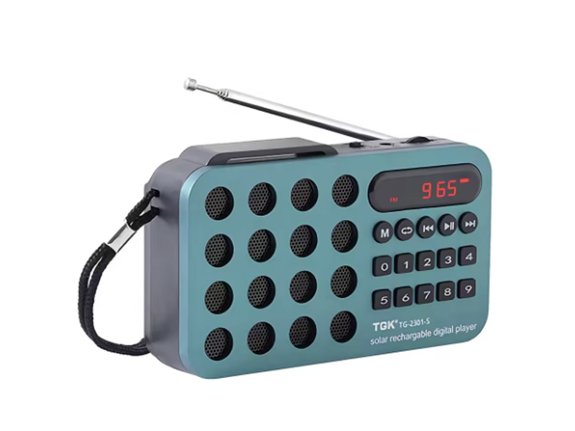Mini radio FM portátil Viewleaf con carga solar, altavoz inalámbrico, compatible con USB, tarjeta TF, Bluetooth y receptor de radio FM.