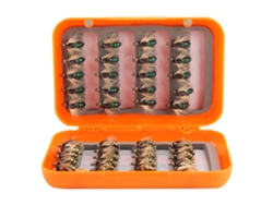 Kit De Señuelos Para Pesca Con Mosca, 40 Moscas Artificiales Para Trucha Con Anzuelos De Acero Al Carbono Y Caja Dorada Y Verde.