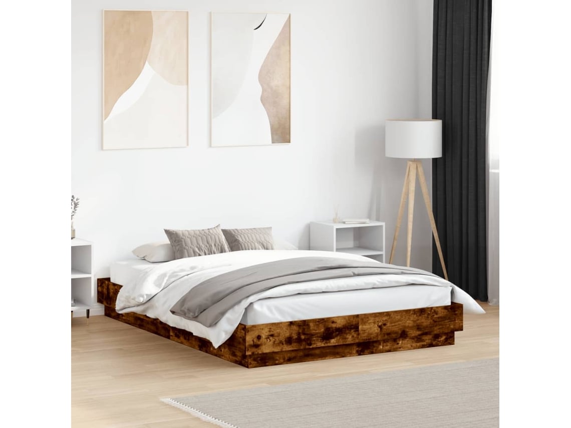 Estructura De Cama Con Luces Led Roble Ahumado 120x190 Cm
