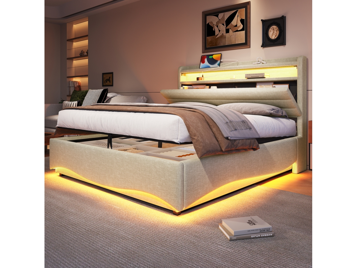 Cama Tapizada 140x200 Cm, Led, Almacenamiento Hidráulico, Usb Y Usb-c, Almacenamiento Integrado, Lino Beige, Colchón No Incluido.