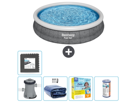 Piscina hinchable redonda Fast Set BESTWAY - Estampado ratán - 366 x 76 cm - Bomba incluida Vela solar - Paquete de mantenimiento - Filtrar - Baldo...