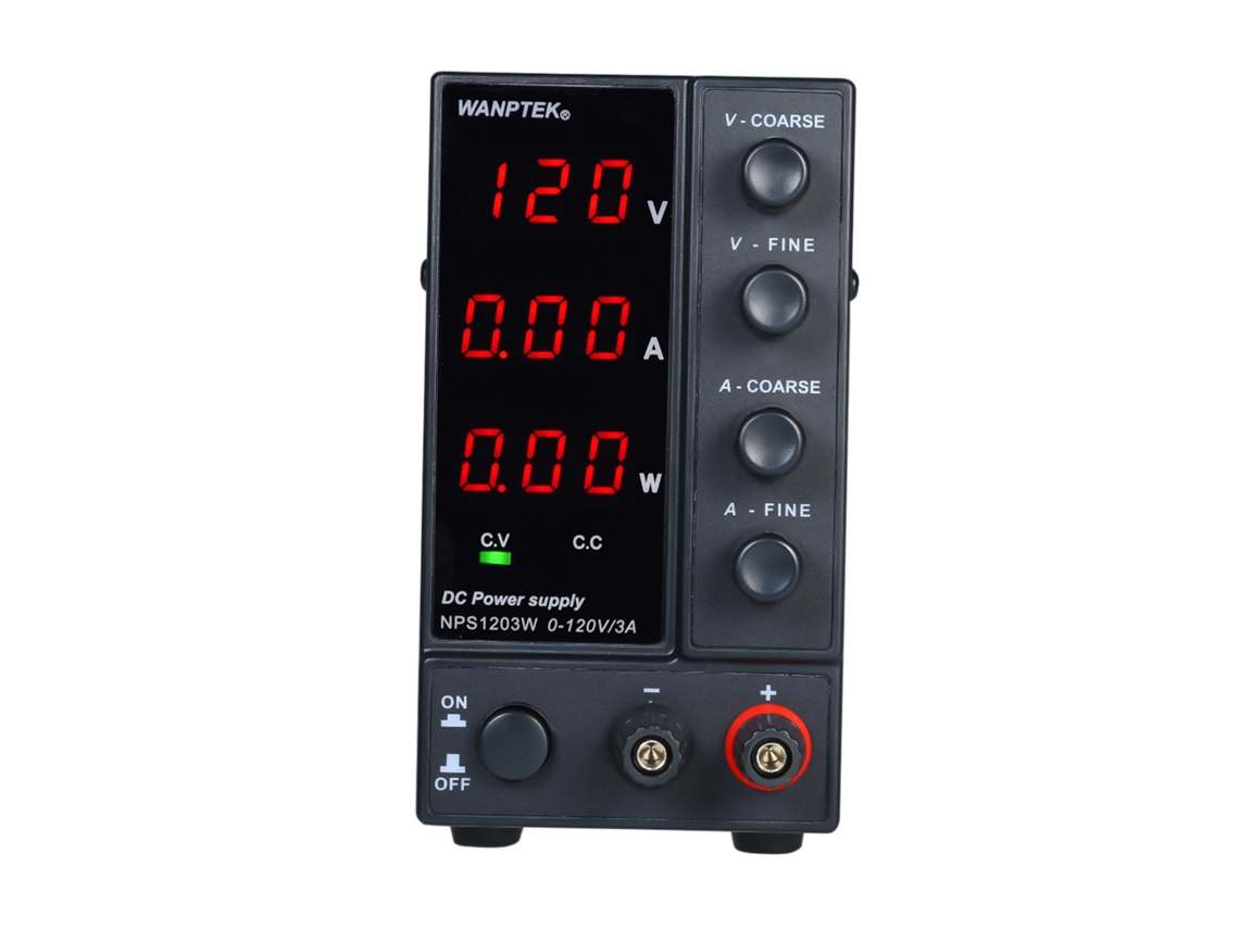 Wanptek NPS1203W: Fuente de alimentación de CC regulada ajustable de 0-120 V/3 A con pantalla LED de 3 dígitos y doble salida.