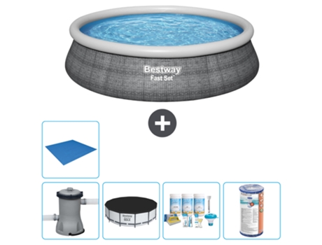 Piscina hinchable redonda Fast Set BESTWAY - Estampado ratán - 457 x 84 cm - Bomba incluida Cubrir - Paquete de mantenimiento - Filtrar - Suelo
