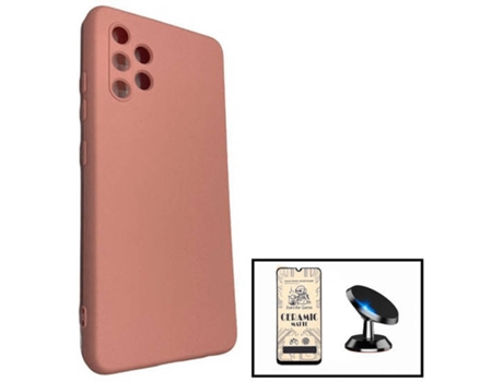 Kit Cristal Templado CeramicGlass Full Cover, Funda Silicona y Soporte Magnético de Coche Samsung Galaxy A32 4G PHONECARE Rosa