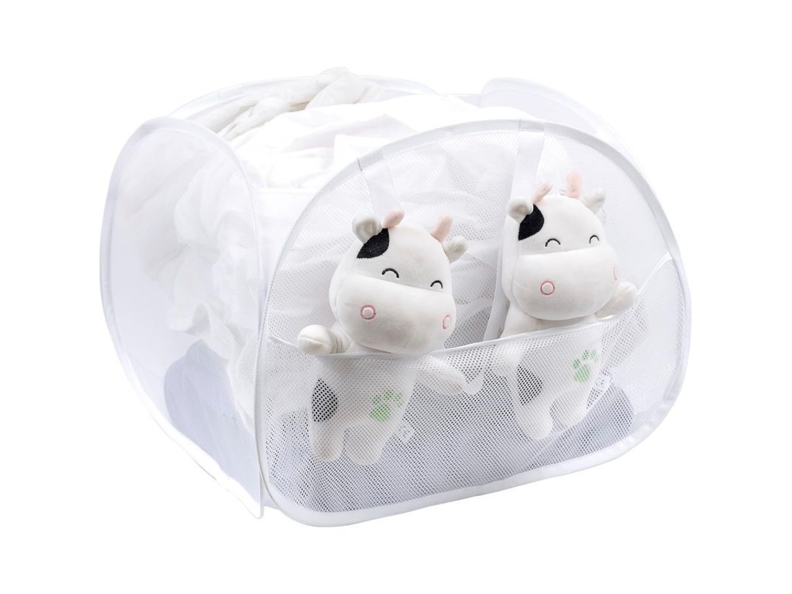 Cesto De Ropa Plegable De Malla, Cesta De Lavandería Desplegable, Blanco, Con Bolsillo Lateral Y Gran Capacidad.