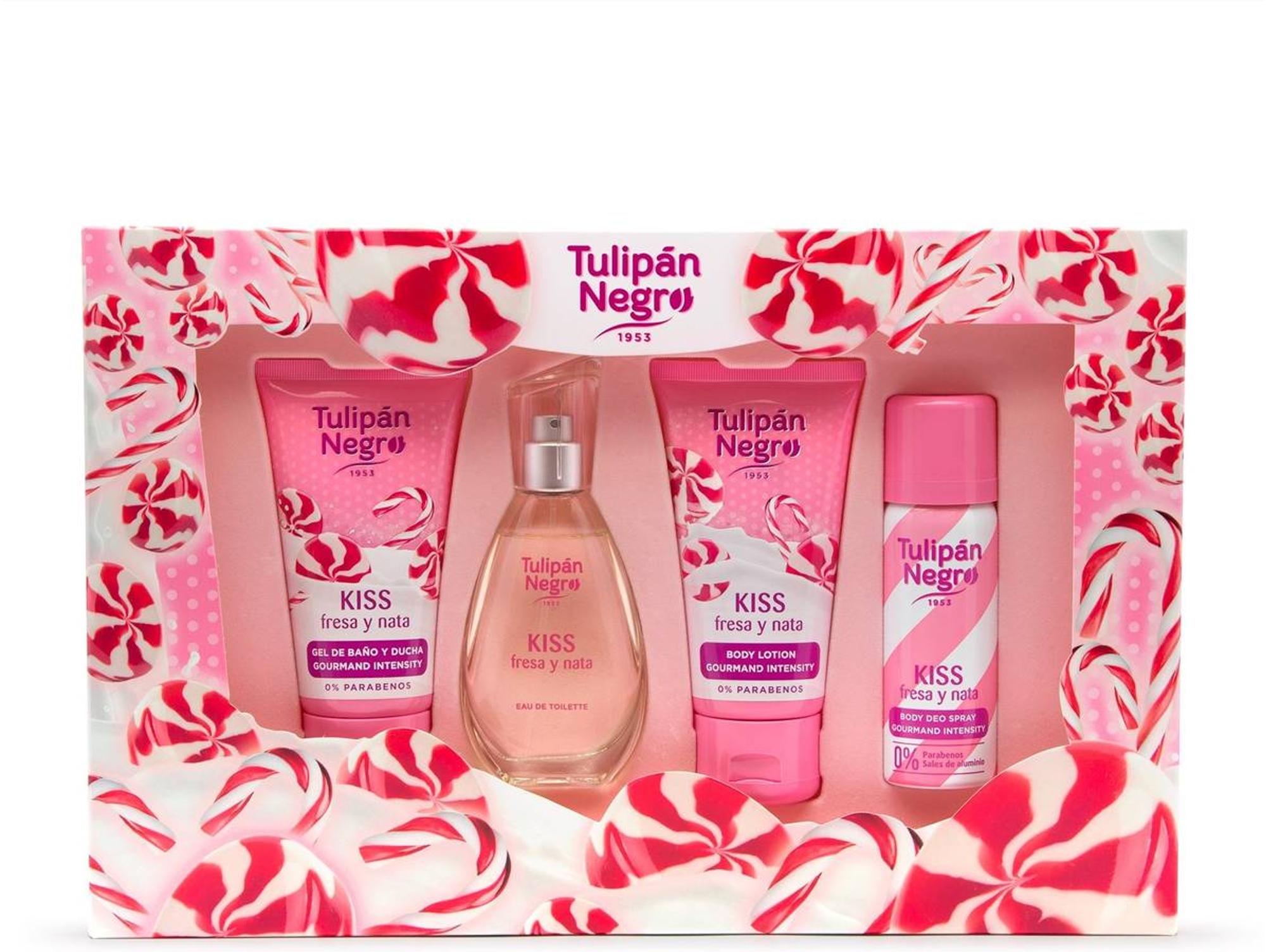 Pack TULIPÁN NEGRO Kiss Fresa y Nata 50 ml + Loción Corporal 50 ml + Gel Ducha 75 ml + Desodorante Spray