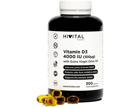 Complemento Alimentar Hivital vitamina d3 natural 300 cápsulas 4000 ui perlas para 10 meses colecalciferol con aceite de oliva virgen extra mantiene articulaciones y huesos sanos
