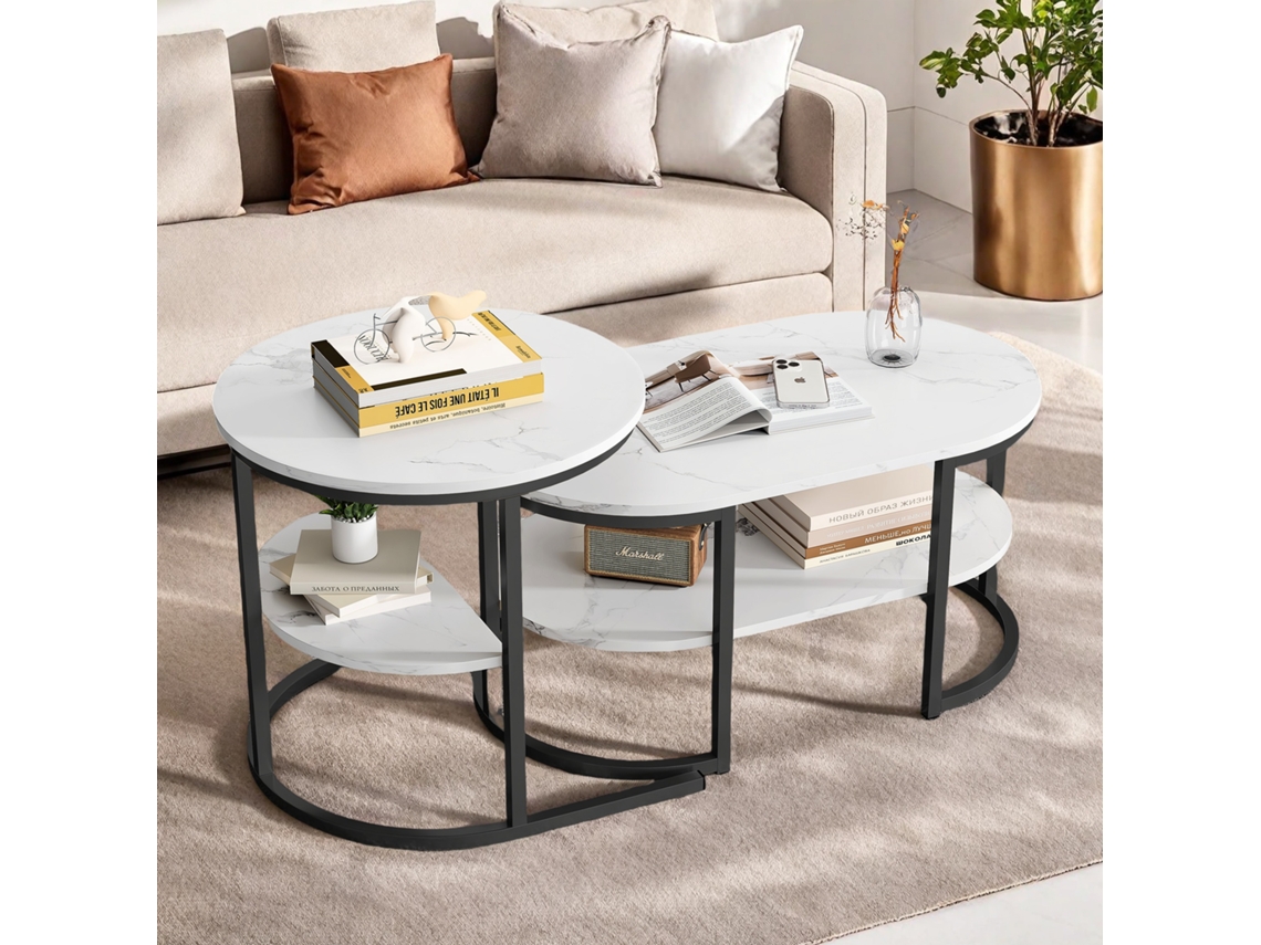Mesa De Centro Juego De 2, Mesa De Madera Para Sala De Estar Con Marco Negro Y Patas Ajustables, Moderno Simple