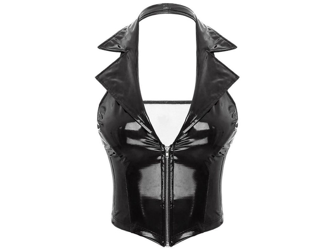Top Crop De Couro Pu Para Mulher Sinuoso Sem Mangas Com Costas Descobertas E Cremallera Frontal Negro L