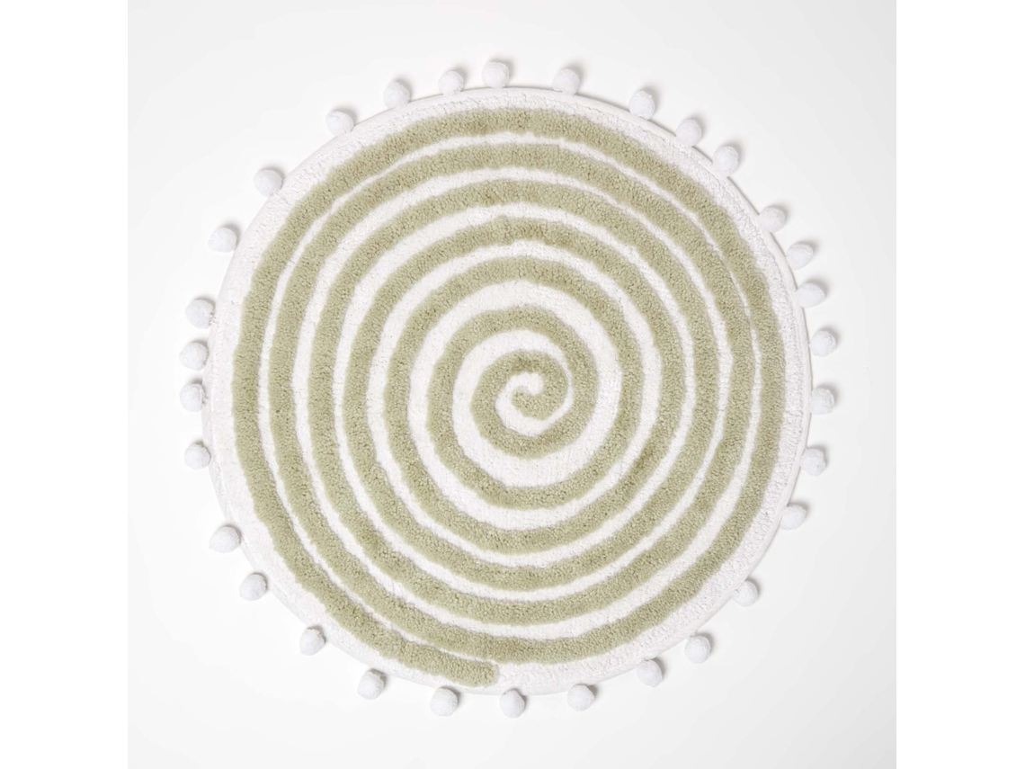 Homescapes Spiral Sage Green Cotton Bath Mat With Pom Pom Edges