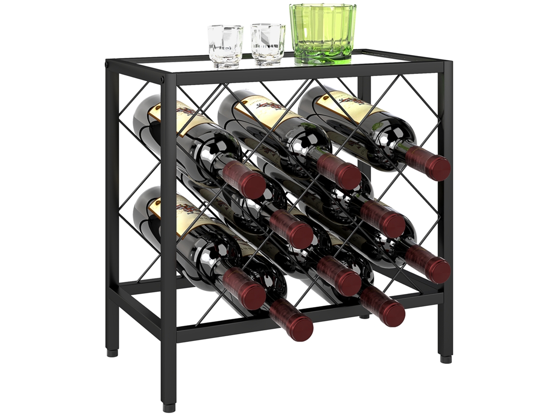 Botellero de acero negro, capacidad para 10 botellas, tapa de vidrio templado.