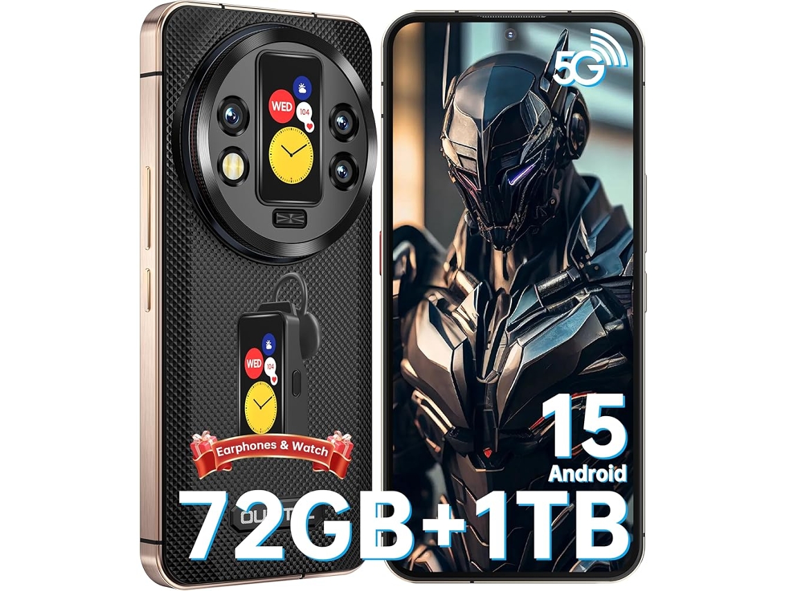 Smartphone resistente OUKITEL WP200 Pro 5G con auriculares Bluetooth, 72 GB + 1 TB, pantalla FHD+ de 6,7" y 120 Hz, batería de 8800 mAh, cámara de 108 MP, NFC, Android 15, color negro.