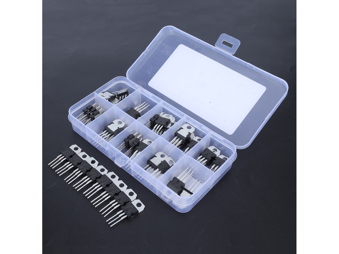 Kit de transistores reguladores de voltaje con 50 piezas, 10 valores y un estuche transparente con 10 compartimentos.