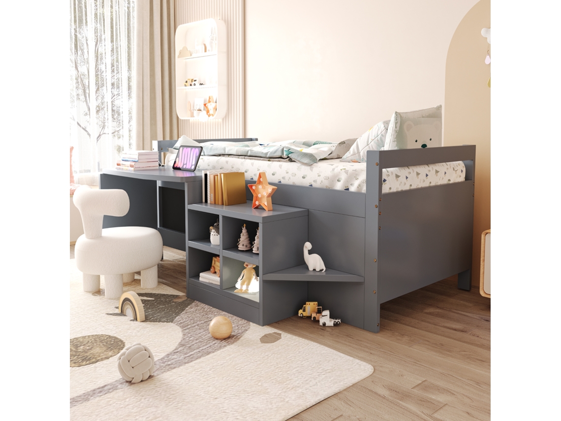 Cama Infantil De Madera De 90x200 Cm Con Escritorio De Almacenamiento Y Enchufes, Color Gris.