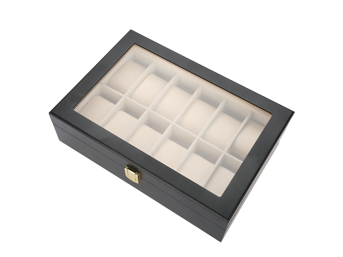 Caja De Madera Para Guardar Relojes Con 12 Compartimentos Y Tapa Transparente.