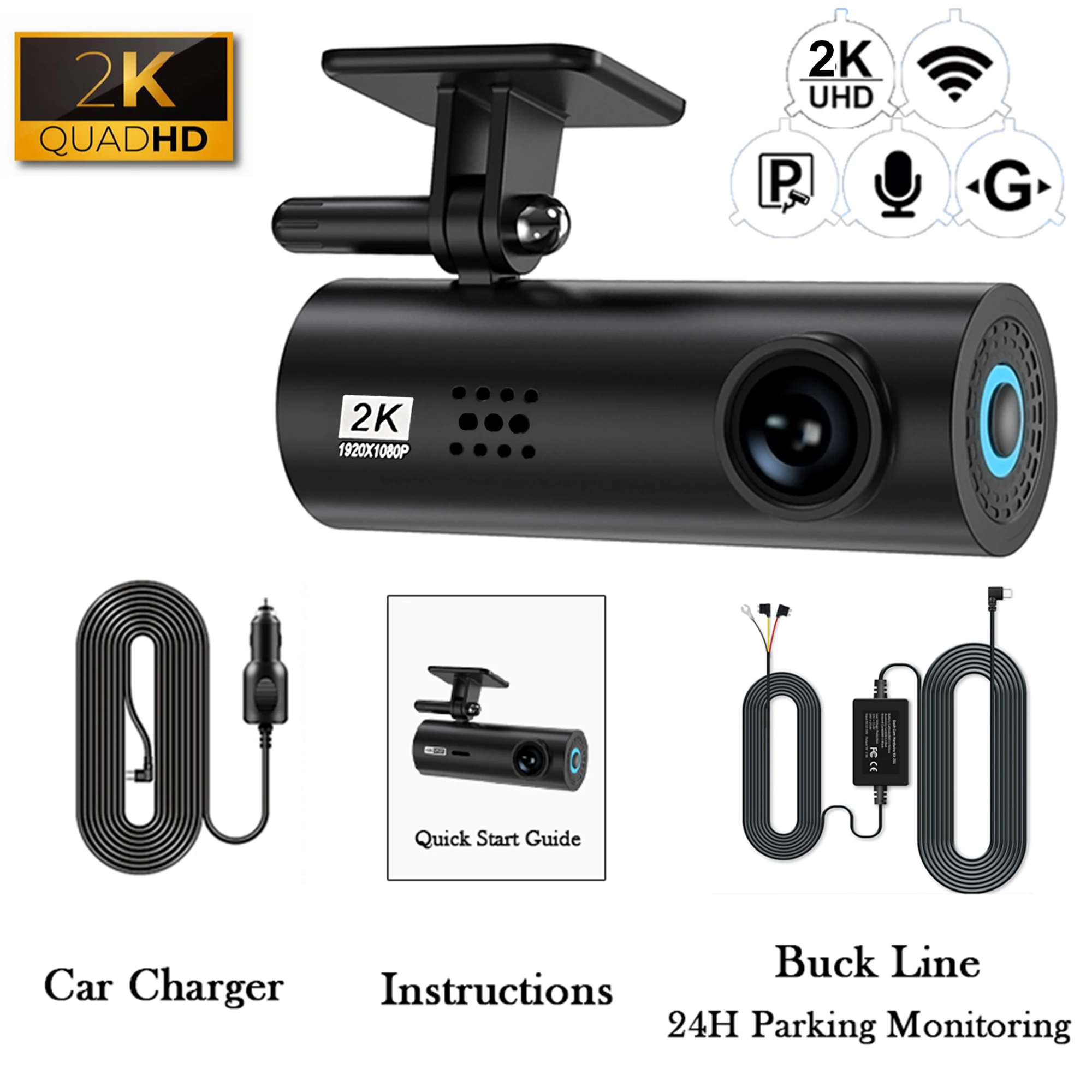 Dvr Para Coche (kit De Cableado De 64 Gb), Caja Negra Para Coche, Minicámara Frontal Wifi 4k