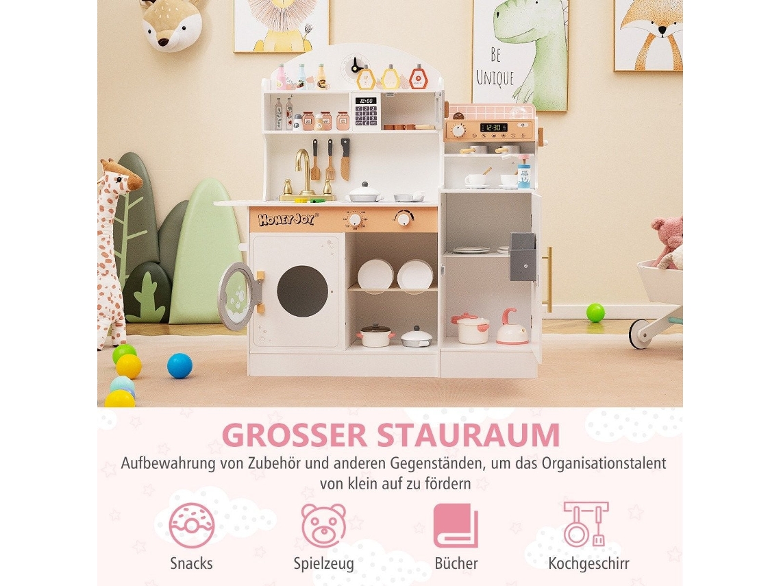 Cozinha Infantil Com 27 Acessórios, Cozinha De Brinquedo De Madeira Com Relógio, Micro-ondas, Branca