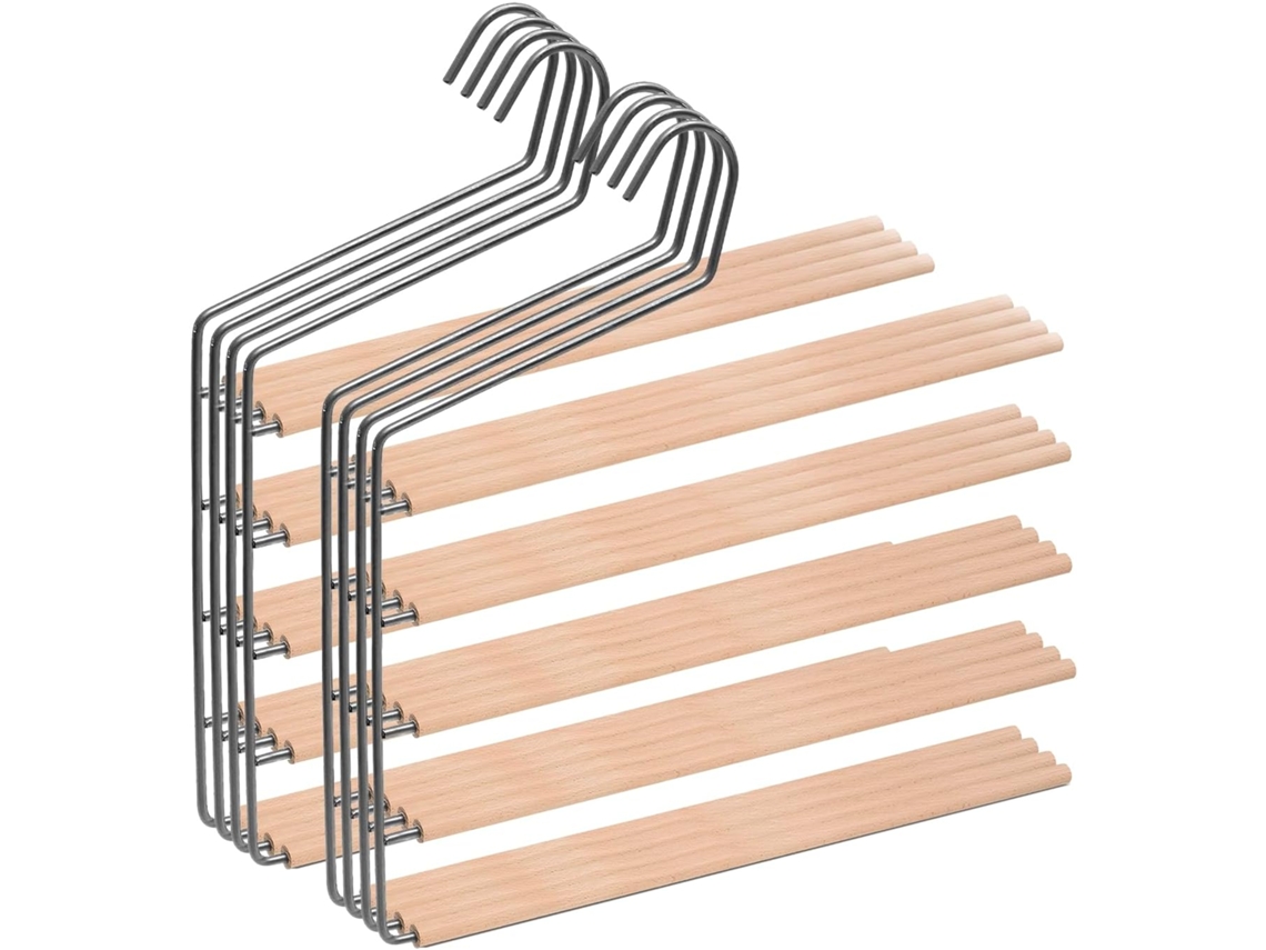 COM-FORT HOUSE - Perchas de Metal para Pantalones con Barra de Madera - Pack 8 Unidades - Perchas Color Gris - Finas y Resistentes para Ordenar tu Ropa - con 5 Niveles para Colgar
