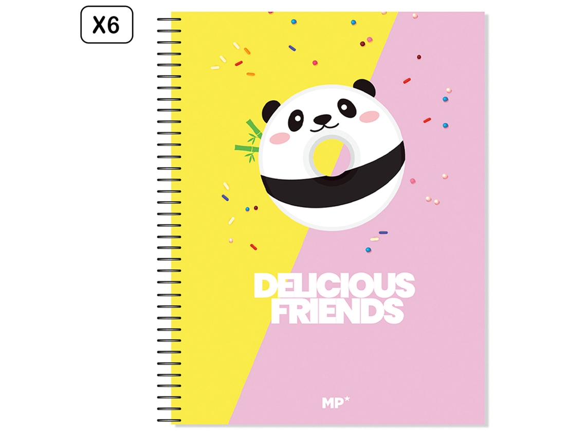 Paquete de 6 cuadernos A4 extra resistentes, 120 hojas, cuadriculados, diseño de pandas "Deliciosos Amigos"