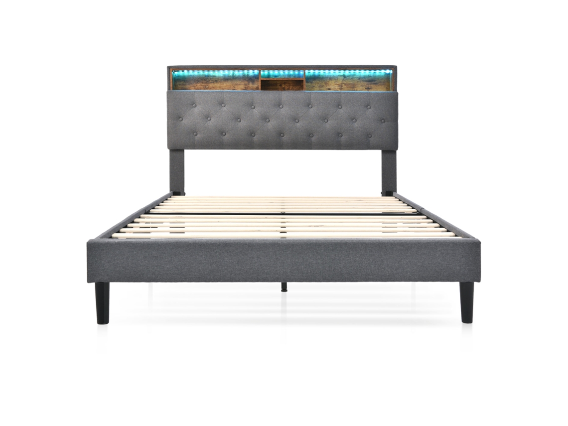 Cama doble tapizada en lino de 140 x 200 cm con LED y espacio de almacenaje - Somier de láminas - Gris