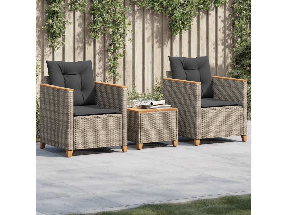 Conjunto de bistró de 3 piezas con cojines en mimbre sintético y gris acacia, Dkd Home Decor