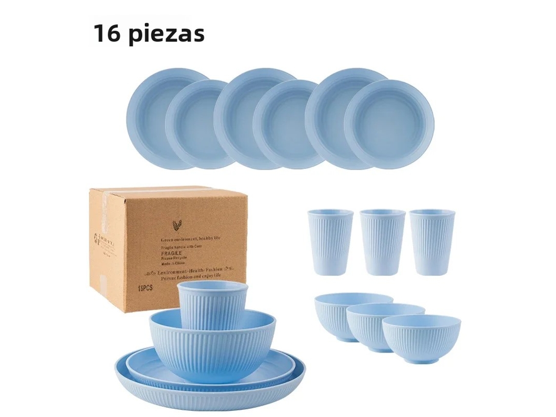 (azul) Juego De Cubiertos Portátil De Estilo Campestre De 16 Piezas, Que Incluye Cuchillo, Tenedor Y Cuchara, Fabricados En Plástico Ecológico.