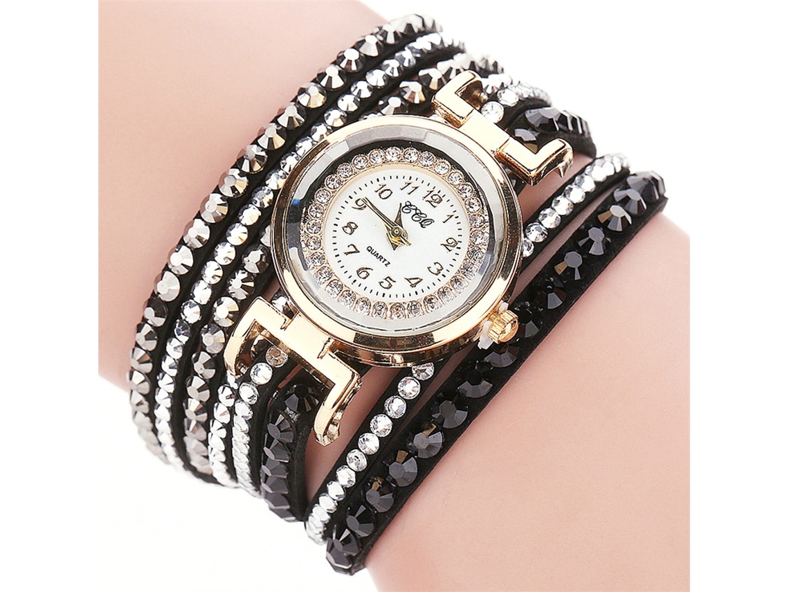 Reloj De Pulsera De Aleación Para Mujer Con Movimiento De Cuarzo Y Diamantes De Imitación Multicapa, Color Negro.