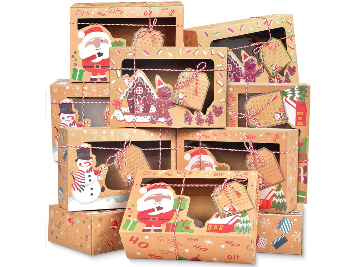 15 cajas navideñas para dulces: cajas de cartón kraft para galletas con etiquetas y cintas para cupcakes, dulces y regalos de Navidad.