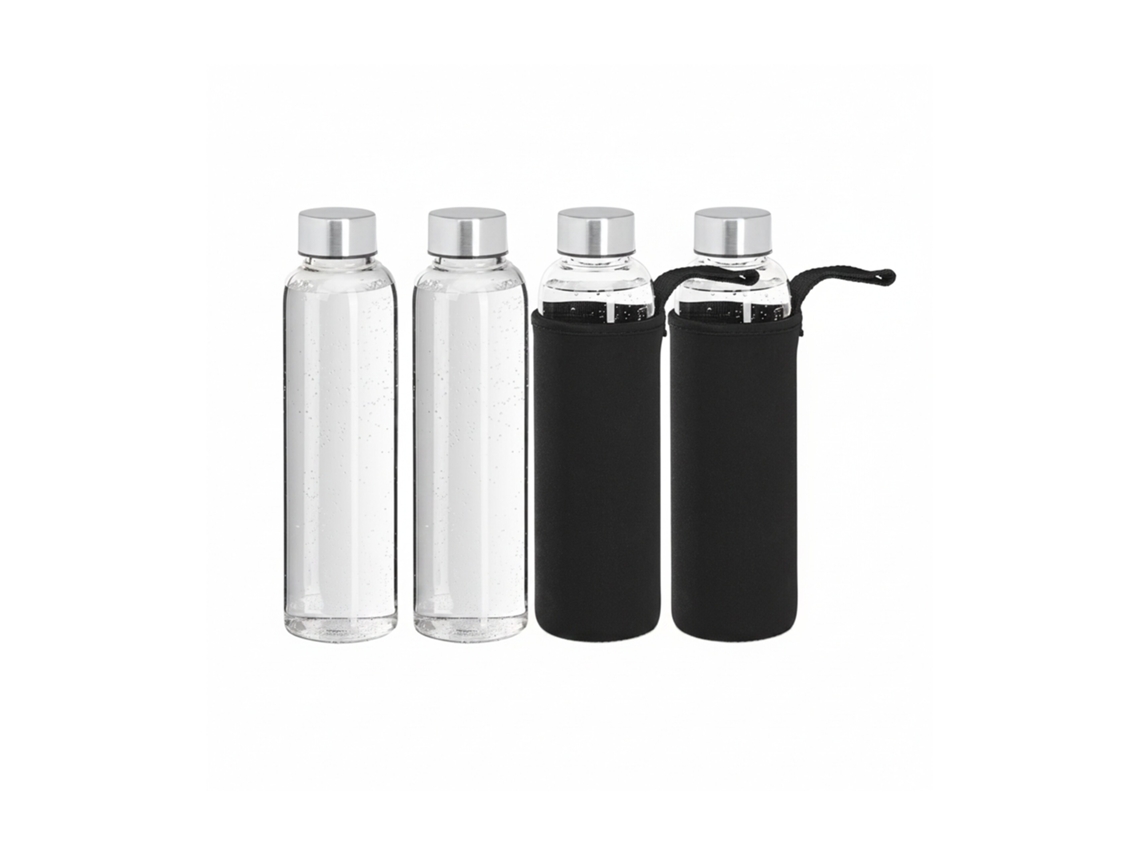 Garrafa Relaxdays, Conjunto De 4, 500 Ml, À Prova De Fugas, Vidro Com Capa, Axd: 23,5x6,5 Cm, Transparente/preto