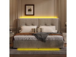 Cama Tapizada 160 X 200 Cm, Cama Doble Con Iluminación Led, Almacenamiento Beige Para Adolescentes Y Adultos, Terciopelo