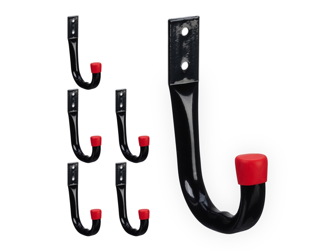 Relaxdays Pack 6 Ganchos Para Colgar Herramientas, Para Garaje O Panel Perforado, Acero, Resiste Hasta 18 Kg Negro/rojo