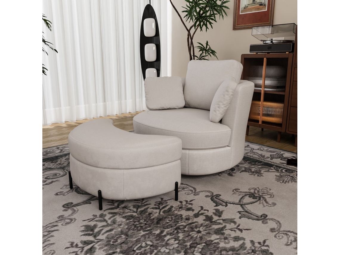 Sillón Moderno Con Otomana De Almacenamiento, Color Beige Chenilla Moon, 3 Cojines.