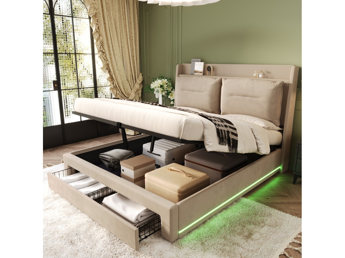 Cama De Terciopelo De 180x200 Cm, Color Beige, Con Paneles Laterales Con Iluminación Led, Cajones, Espacio De Almacenamiento Y Somier De Láminas.