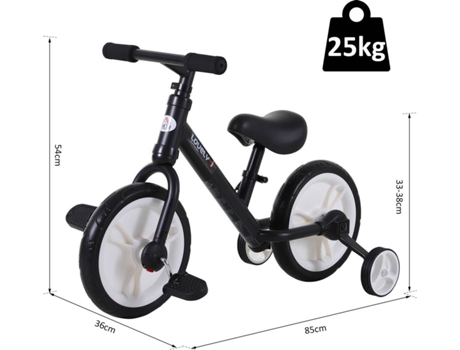 Bicicleta Homcom Con pedales y ruedas desmontables negro 85x36x54cm equilibrio 85x36x54 pp