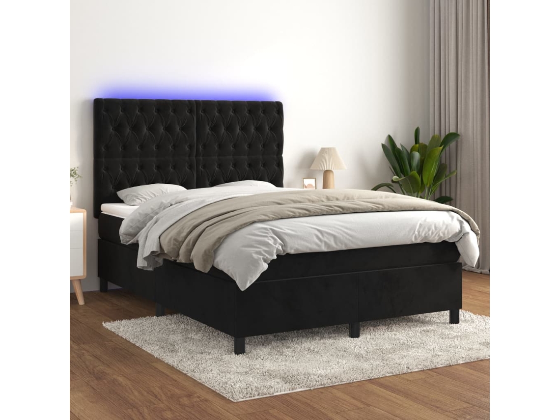 Cama Box Spring Colchón Y Led Terciopelo Negro 140x190 Cm