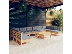 Conjunto de salón de jardín de 11 piezas con cojines grises en pino macizo DKD Home Decor