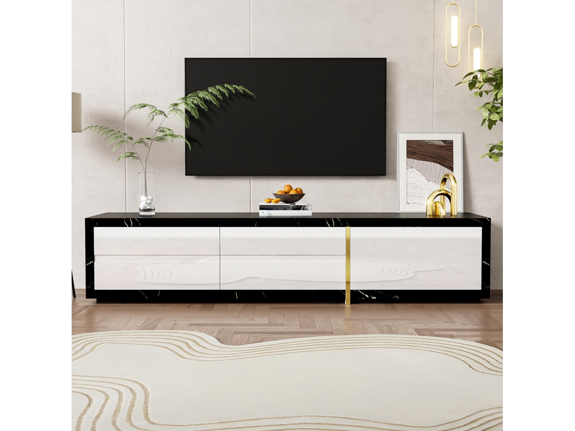 Mueble De Tv Extensible Y Giratorio, Diseño Moderno, Negro Con Efecto Mármol, Blanco Brillante Mate, Detalles Dorados, 140 A 260 Cm